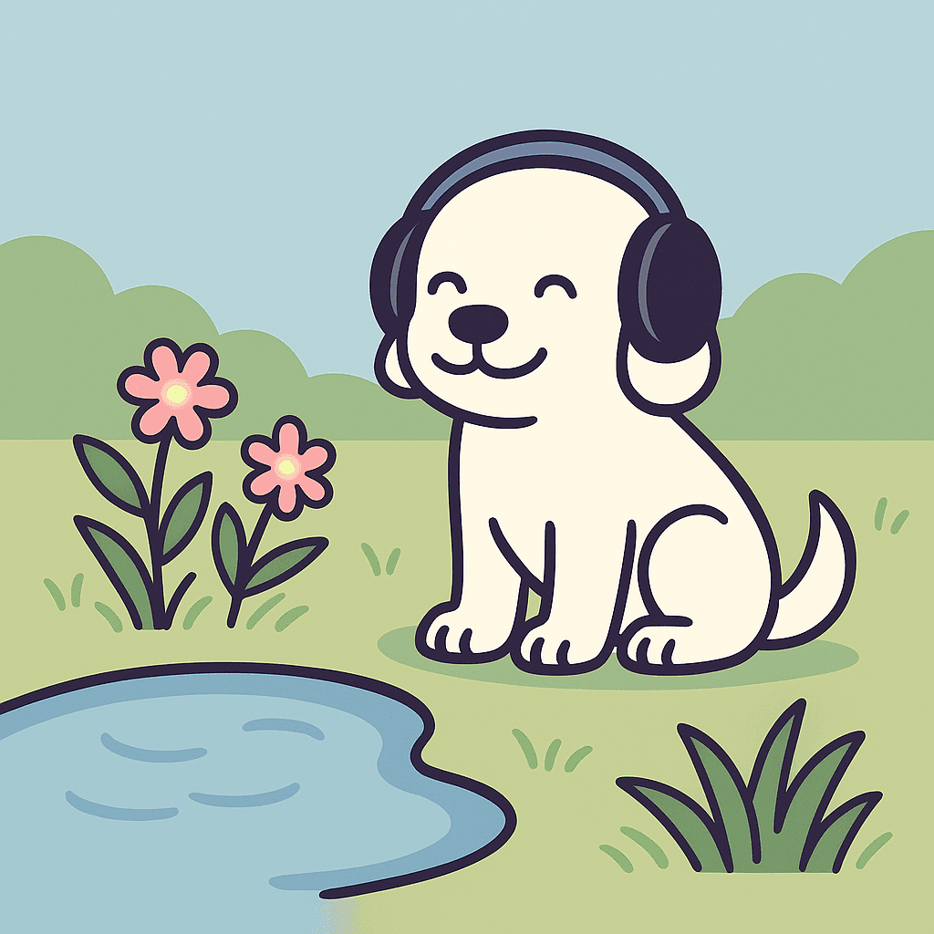 Dog relaxing with headphones outside