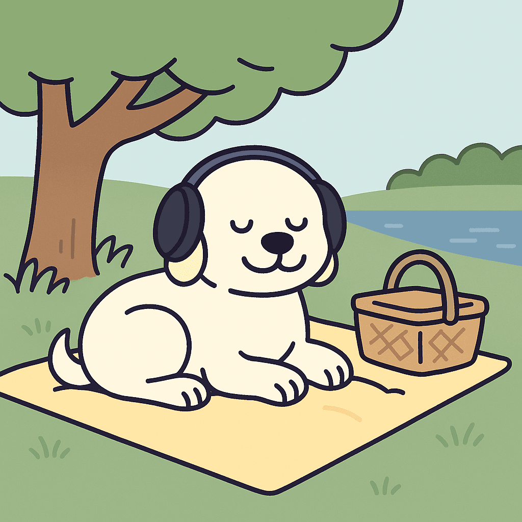 Dog listening to music on a picnic